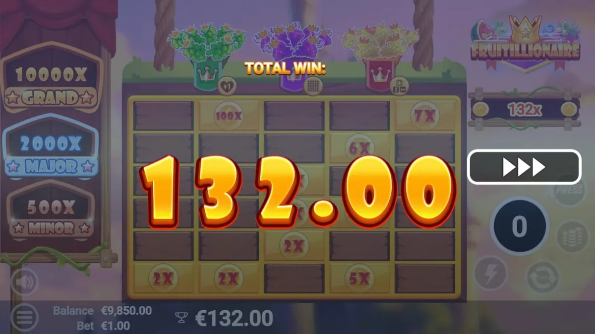 Tampilan visual slot Fruitillionaire dengan karakter buah yang marah dan grid permainan yang dinamis.