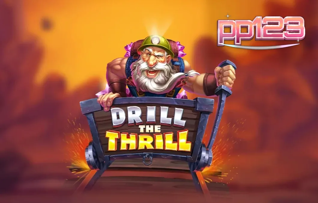 Tampilan visual slot Drill The Thrill dengan tema pertambangan dan bor emas.